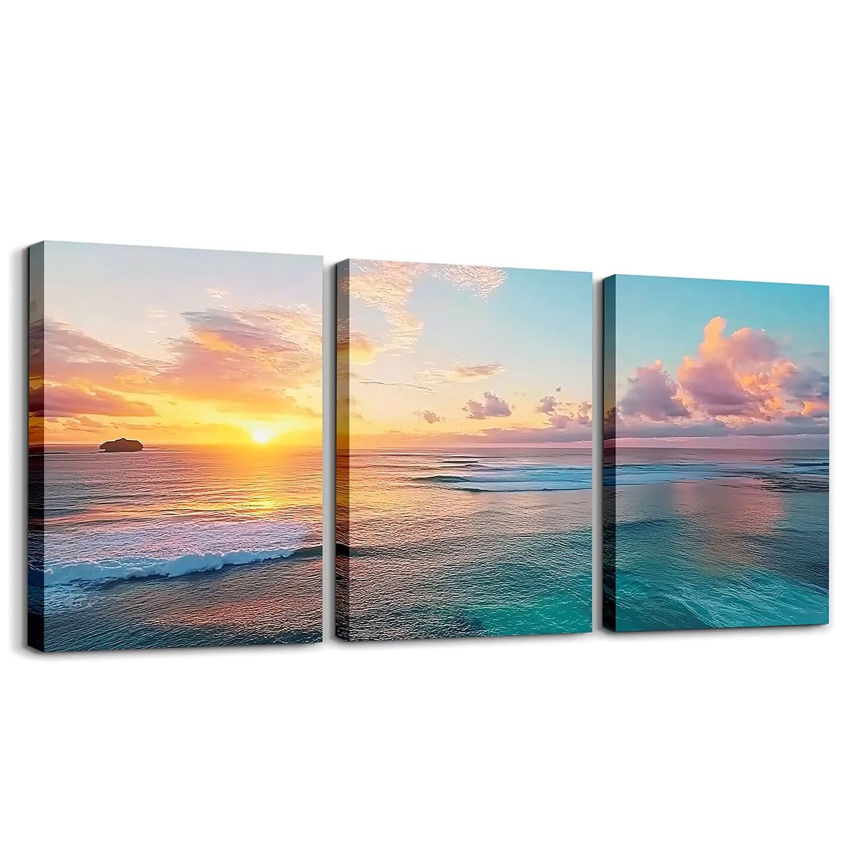 jejeloiu Ocean Canvas Wall Art for Living Room Bedroom 12"x16"x3pcs Beach Coastal Picture Wall Decor for Bathroom Nature Scene Sunset Office Decorations Artwork Posters Hawaiian Summer Beach Painting