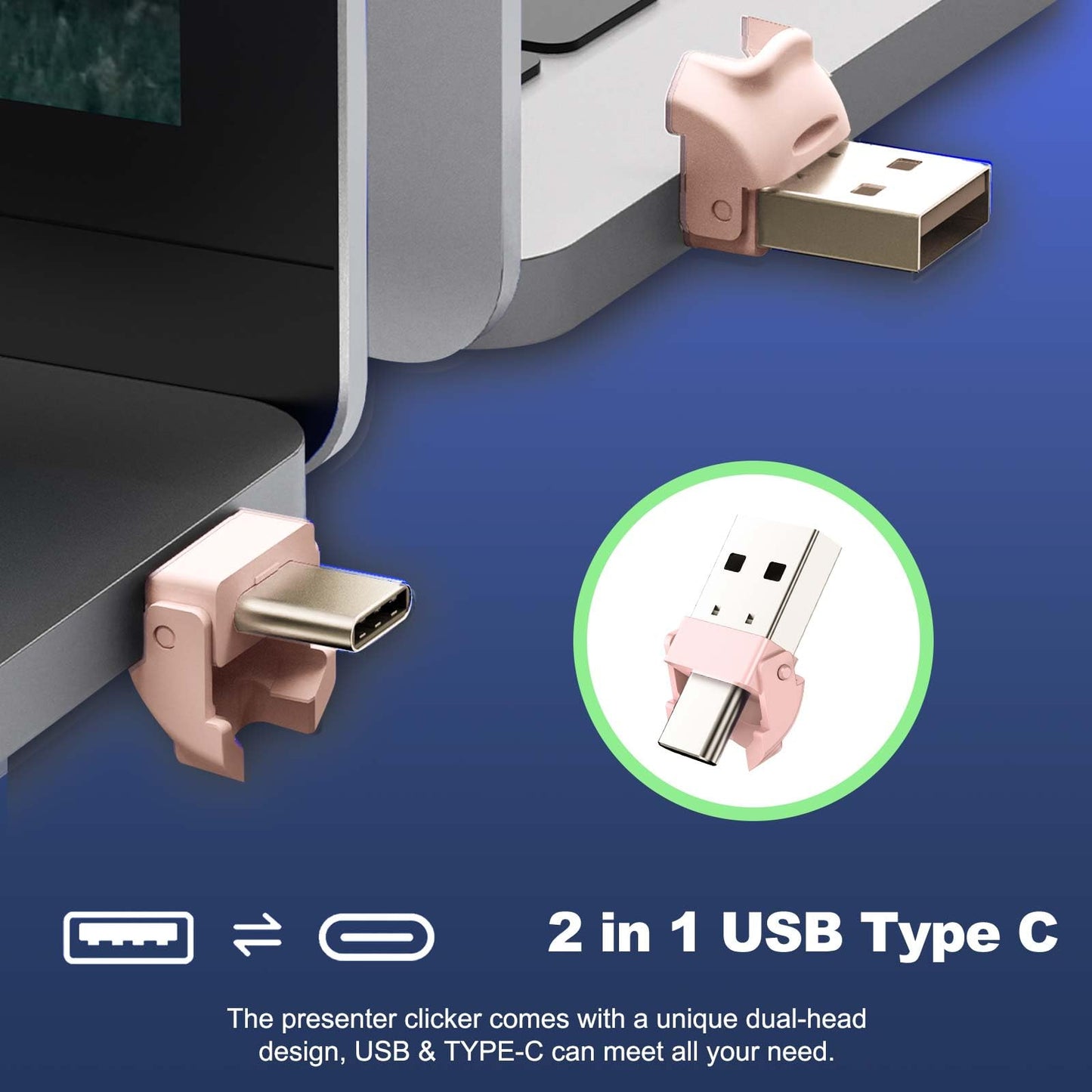 QUI Presenter Clicker USB A&C Bundle | Pen-Shaped Pink & Remote-Shaped Silver