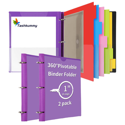 Tashkummy 360° Pivotable Project Organizer Binder, 2 Pack Upgraded 3 Ring Binder with Colored Tab Dividers with Pockets, Customizable Cover Multi Pocket Folder Binder for Home, School, Office- Purple