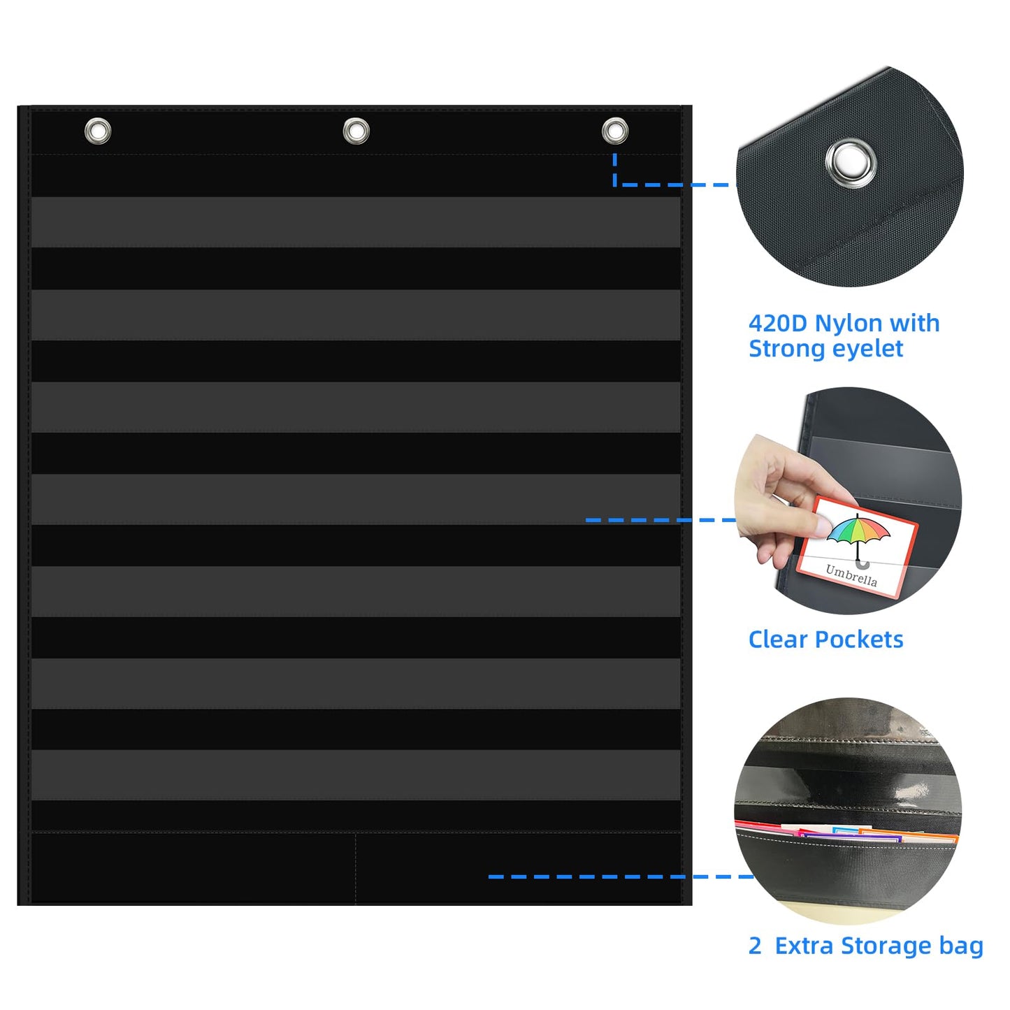ANCOMEDO 7+2 Pockets Standard Pocket Chart, Clear 7 Pockets Words Chart with 2 Extra Storage Pocket for Classroom Home Office Use,Large Size:33.2”x 28” Letter Cards, Word Wall and Sentence Strips.