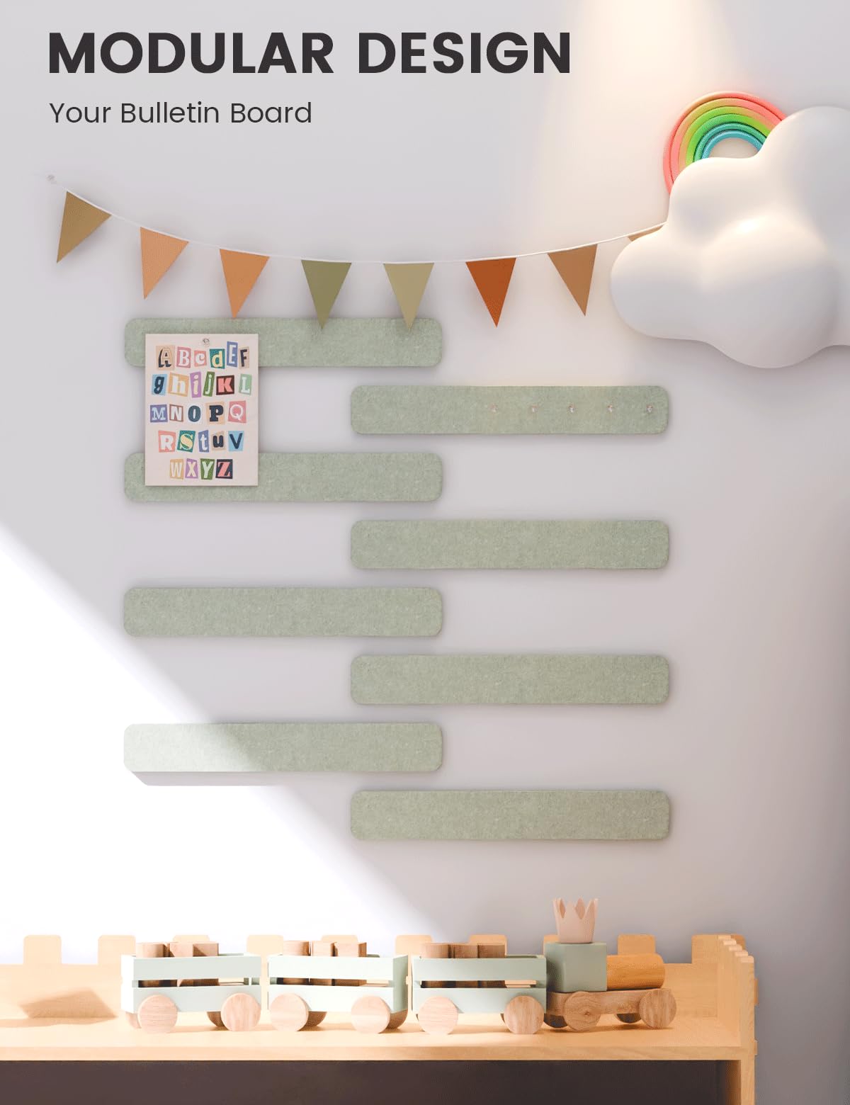 Fluxynara Cork Board Alternative Felt Strip Board 8-Pack 13"x2", Office Pin Board with 50 Push Pins, Adhesive Install for Bedroom Door & Home Office (Sage)