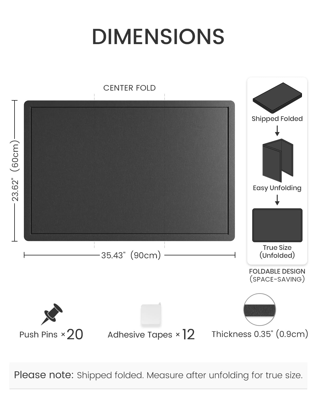 Fluxynara Bulletin Board,35.4" x 23.6" Cork Board Alternative with 12 Safe Removable Adhesive Tabs, Foldable Felt Pin Board for Home Office, Classroom, Bedroom,Entryway for Walls—Black