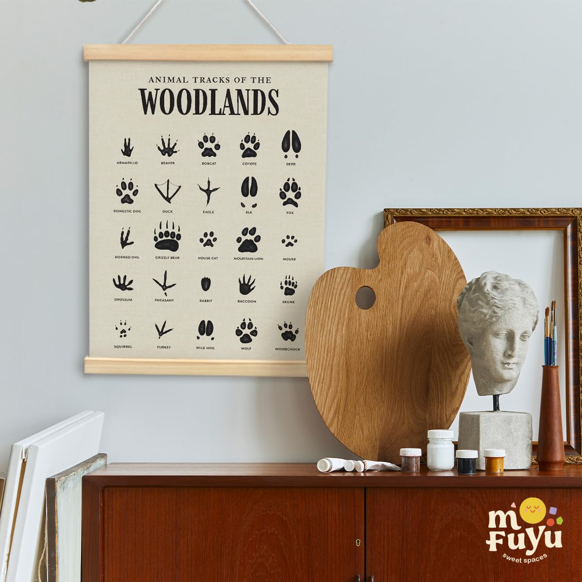 MOFUYU Woodland Tracks Wall Decor Canvas Hanging Banner, Nursery Decor Mountains, Woodland Nursery Poster Hanger Frame for Kids Room,Classroom,Playroom Cabin 12x16 Inch