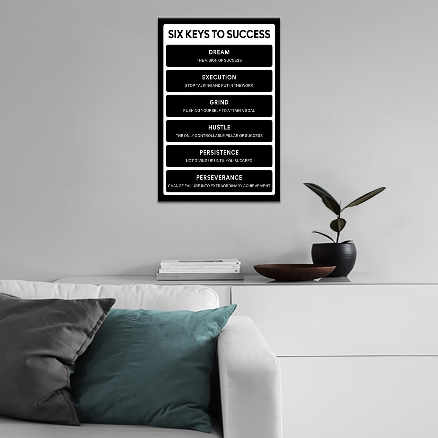 Six Keys To Success Inspirational Canvas Wall Art Execution Grind Hustle Verbs Poster Artwork Motivational Positive Quotes Picture Prints for Bedroom Living Room Office Ready to Hang [12" W X 18" H]