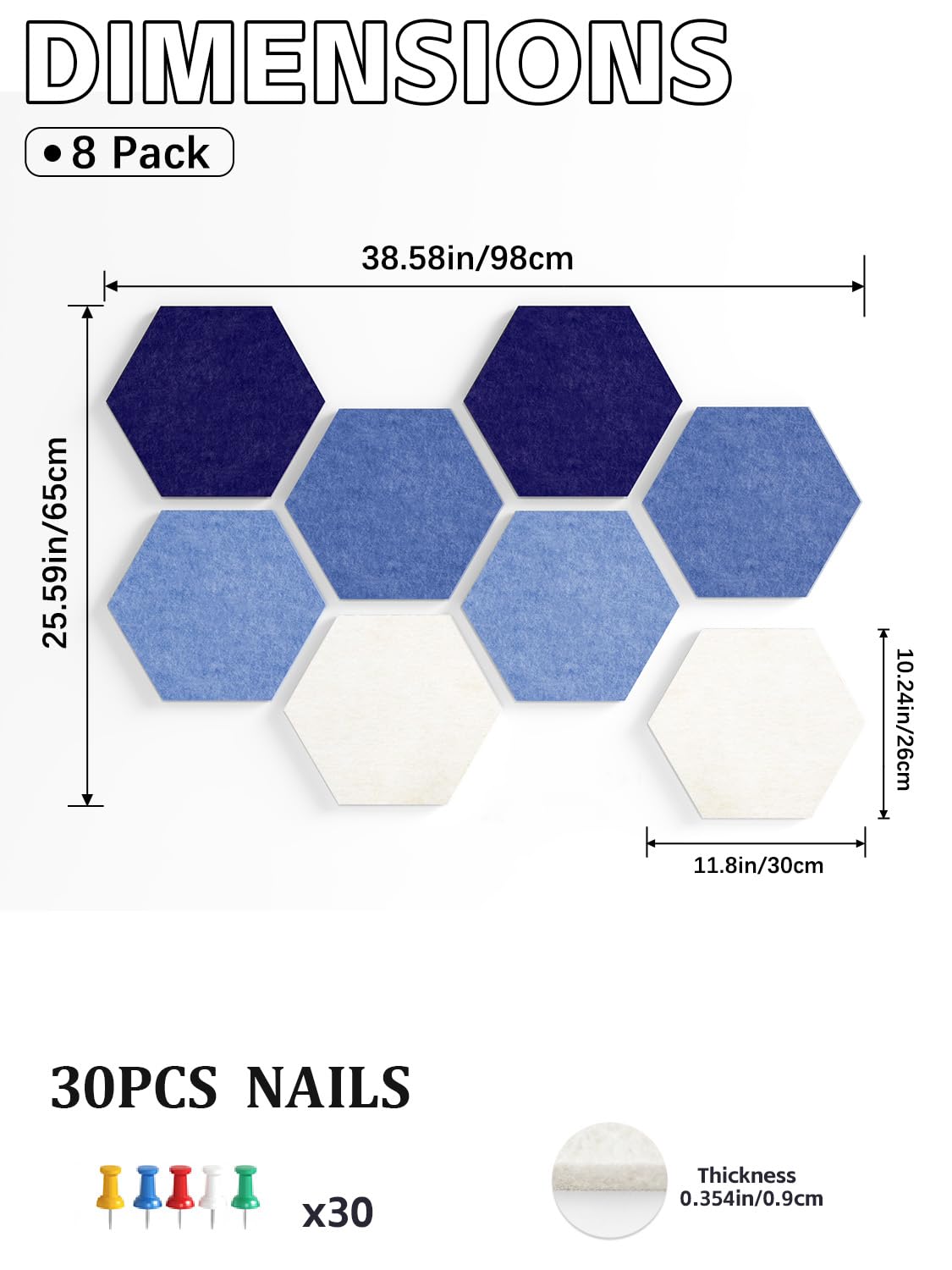 Uoisaiko 8 Pack Hexagon Felt Bulletin Board Tiles - 12" Large Thick Pin Board for Walls with 30 Push Pins, DIY Boards for Office Home School Decor, Aesthetic Hex Cork Board Alternative