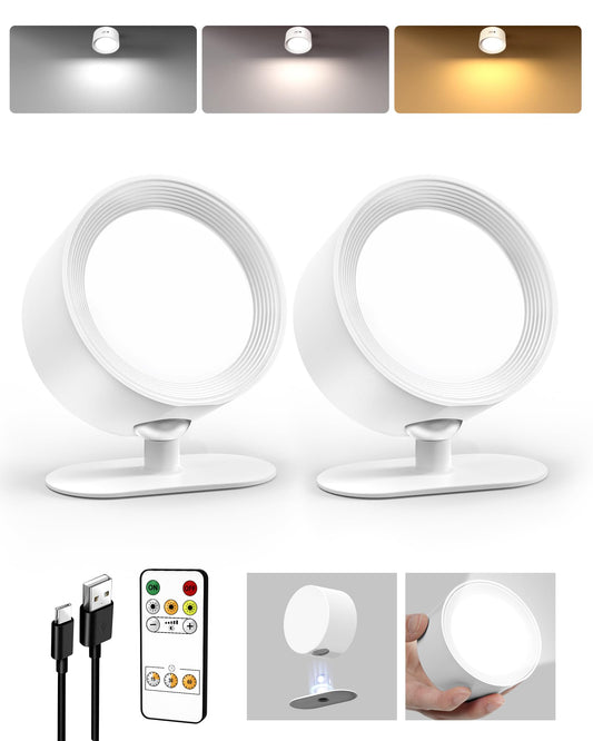 AMETHEUS LED Wall Mounted Lights, Rechargeable, 3 Color Temps, 360? Rotation, Dimmable, 2 Pack, White, Model WL02