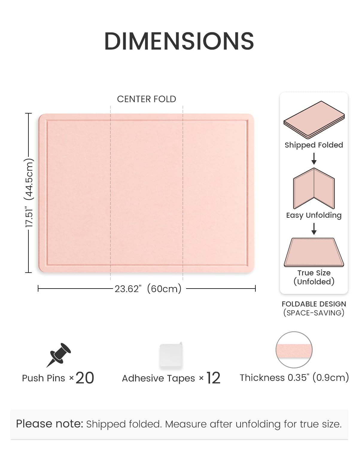 Fluxynara Bulletin Board, 23.6" x 17.5" Cork Board Alternative with 12 Safe Removable Adhesive Tabs, Foldable Felt Pin Board for Home Office, Classroom, Bedroom,Entryway for Walls—Pink