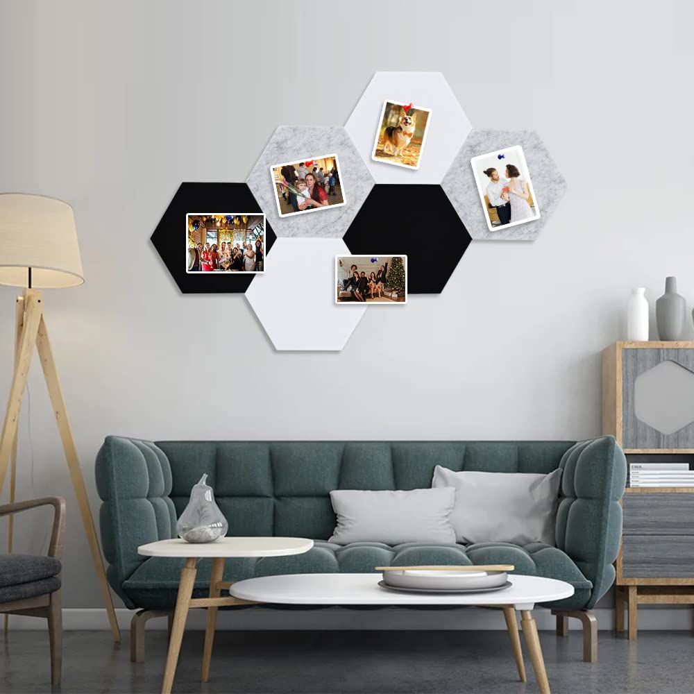 Vuzvuv 6 Pcs Hexagon Bulletin Board with 50 Pushpins & Sticky Note Adhesive Cork Board for Wall，Felt Pin Board for School，Office Decor（Black White Grey）
