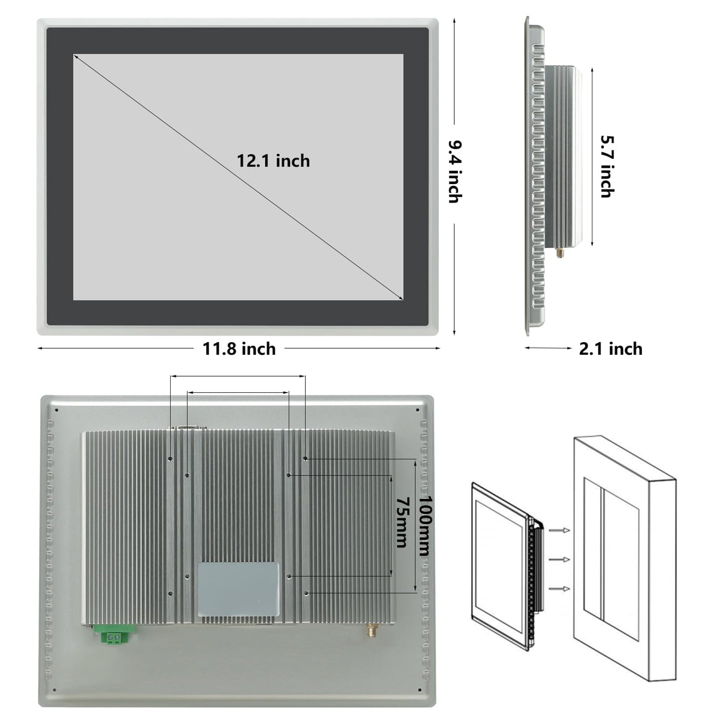 TouchWo 12.1 inch Industrial Embedded Touchscreen Monitor, Capacitive Multi-Touch Screen Industrial Front IP65 Monitor Built-in Speakers, HD-MI in, USB, VGA, 16:10 1024x768 Display