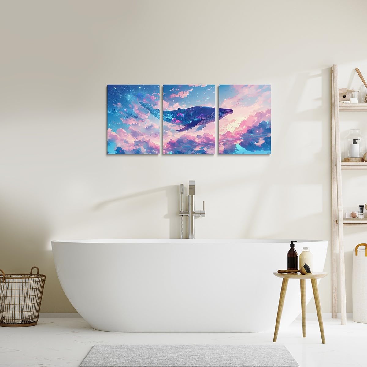 Feelyou Pretty Whale 3 Piece Canvas Wall Art for Living Room Bedroom Pink Blue Galaxy Wall Art for Home Decor Ocean Animal Office Wall Decor Nebula Wall Painting
