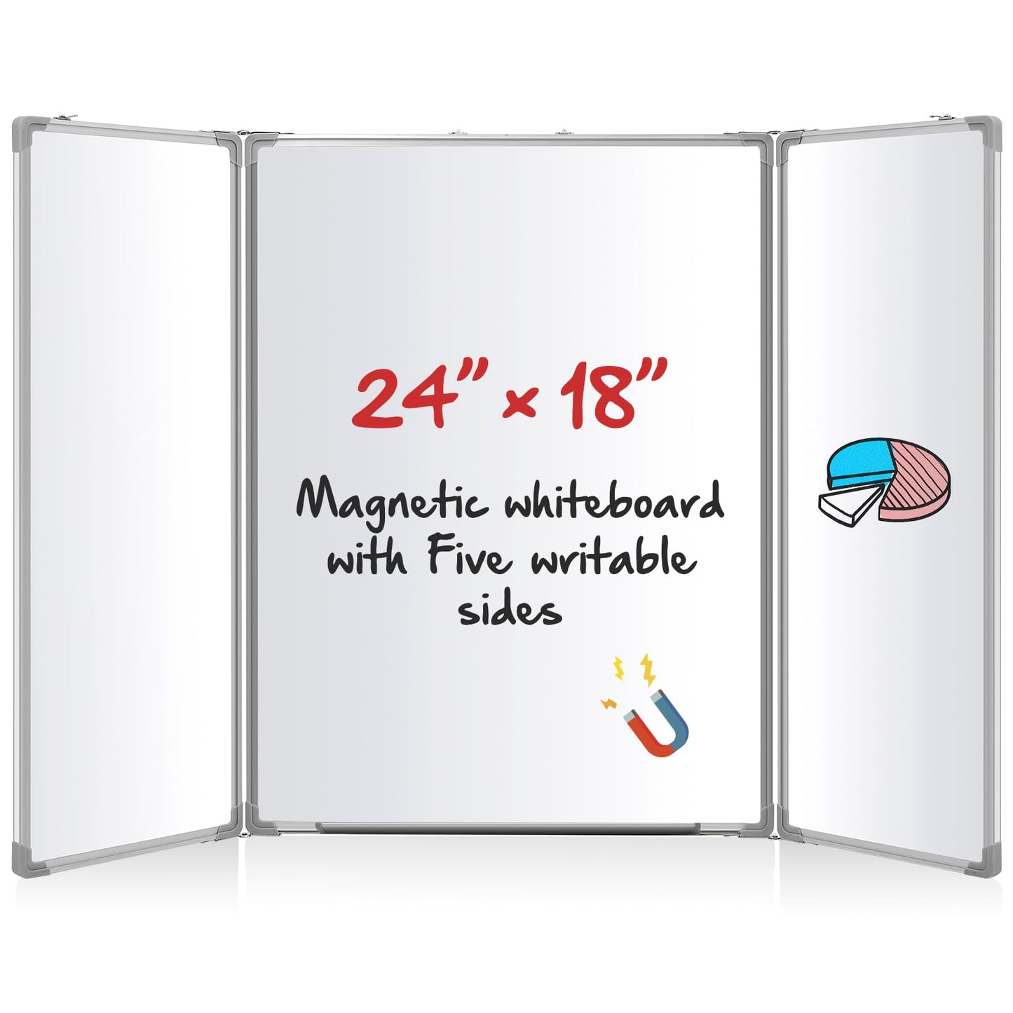 AmazingSpark 24” x 18” Foldable Whiteboard Dry Erase Board Large Tri Folding Whiteboard Magnetic Dry Erase Board, Wall Aluminium Frame and Pen Tray for Office, Home