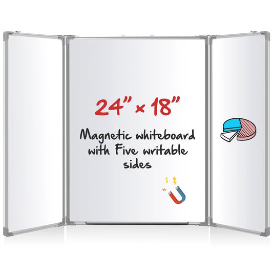 AmazingSpark 24” x 18” Foldable Whiteboard Dry Erase Board Large Tri Folding Whiteboard Magnetic Dry Erase Board, Wall Aluminium Frame and Pen Tray for Office, Home