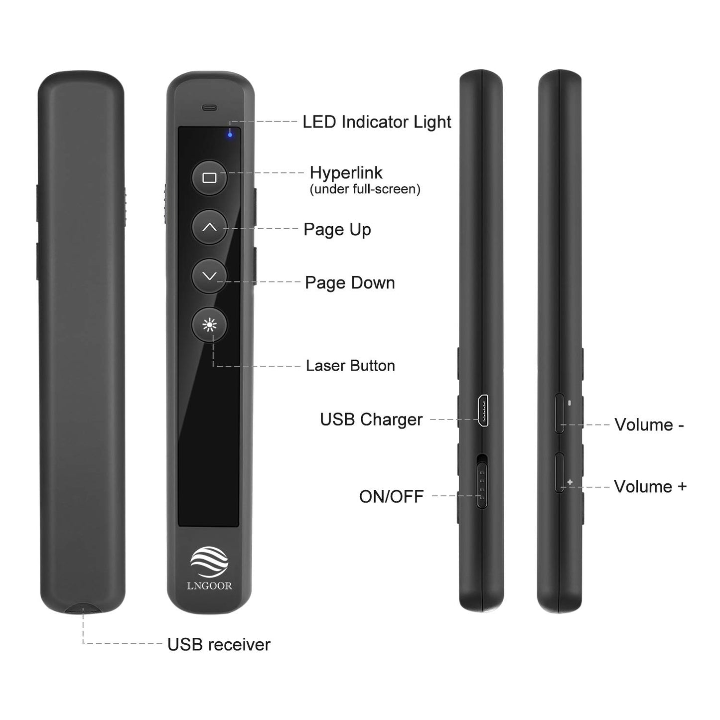 LNGOOR Rechargeable Presentation Clicker for PowerPoint - RF 2.4GHz Wireless Presenter Remote with Laser Pointer, Support Hyperlink&Volume Compatible with PPT/Keynote/Slides/Mac/Windows/Laptop