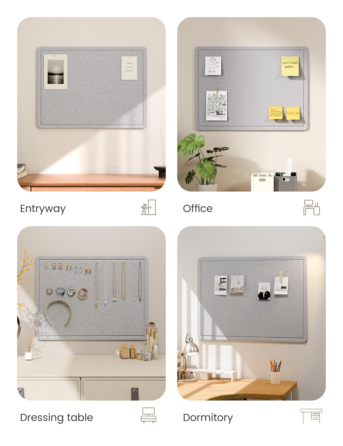 Fluxynara Bulletin Board, 23.6" x 17.5" Cork Board Alternative with 12 Safe Removable Adhesive Tabs, Foldable Felt Pin Board for Home Office, Classroom, Bedroom,Entryway for Walls—Soft Gray