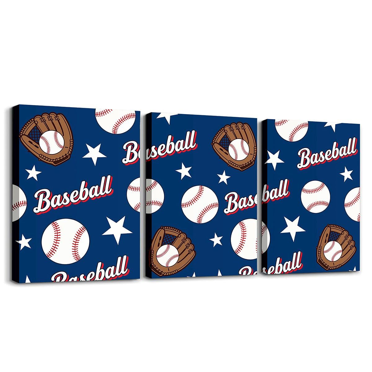 Feelyou Baseball Theme 3 Piece Canvas Wall Art for Living Room Bedroom Baseball Sport Wall Art for Home Decor Star Print Office Decor Artwork Navy Blue Gloves Picture Posters
