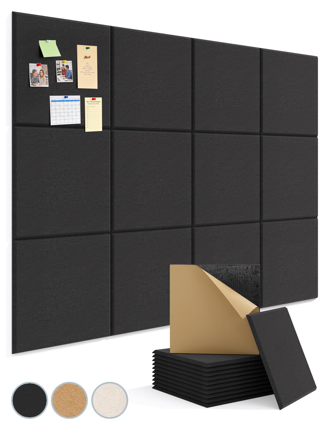 Kuchoow Large Felt Bulletin Cork Board Self-Adhesive Black Squares Pin Wall Tiles, 48'' x 36'' Vision Tack Panels for Classroom Office Display 12 Pack Corkboard for Kitchen Bedroom Home Decor