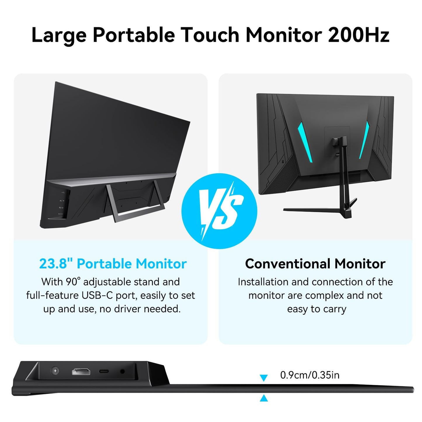 Prechen 23.8" 200hz Portable Touchscreen Monitor 99% sRGB VA FHD 1080P, VESA, Built-in Speaker, w/90°Adjustable Stand USB-C HDMI External Second Touch Screen Display for Laptop/PC/Phone