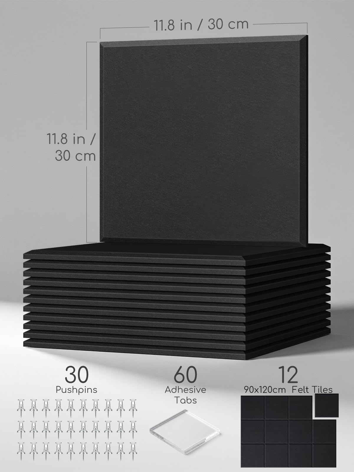 Lightomorrow 0.47" Thick Felt Pin Board Tiles, 12 Pack 11.8 x 11.8 in Bulletin Board 48" x 36", Cork Board Alternative with Adhesive & 30 Push Pins for Home Office Classroom, Black