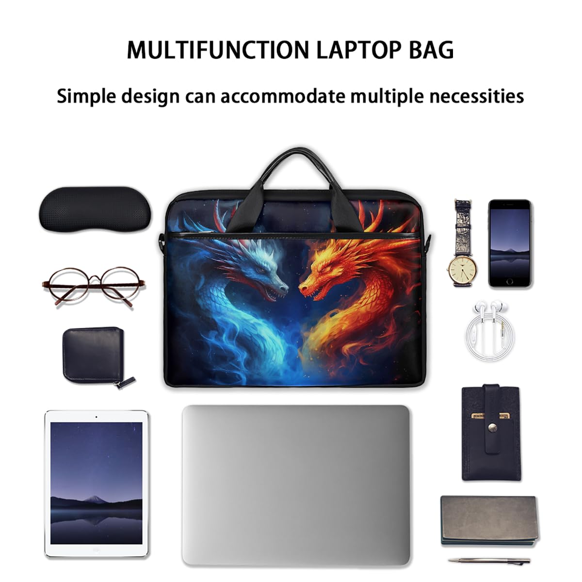 VQUVQV Laptop Bag Case Red And Blue Firey Dragon Animal Computer Briefcase Messenger Bag for Men Women, Lightweight Travel Laptop Tote Bags