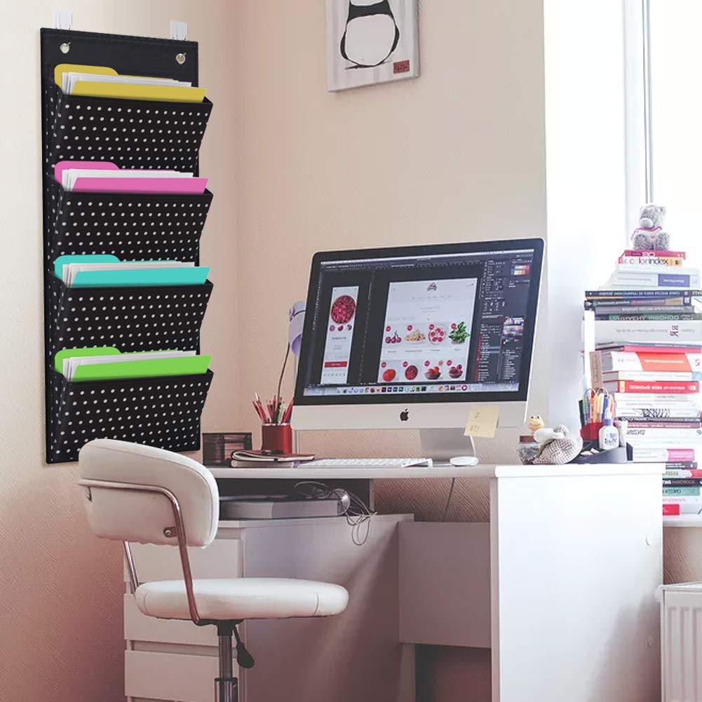 Eamay 4 Pocket White Dots Wall Mount/Over Door File Hanging Storage Organizer - Office Supplies, School, Classroom, Office or Home Use