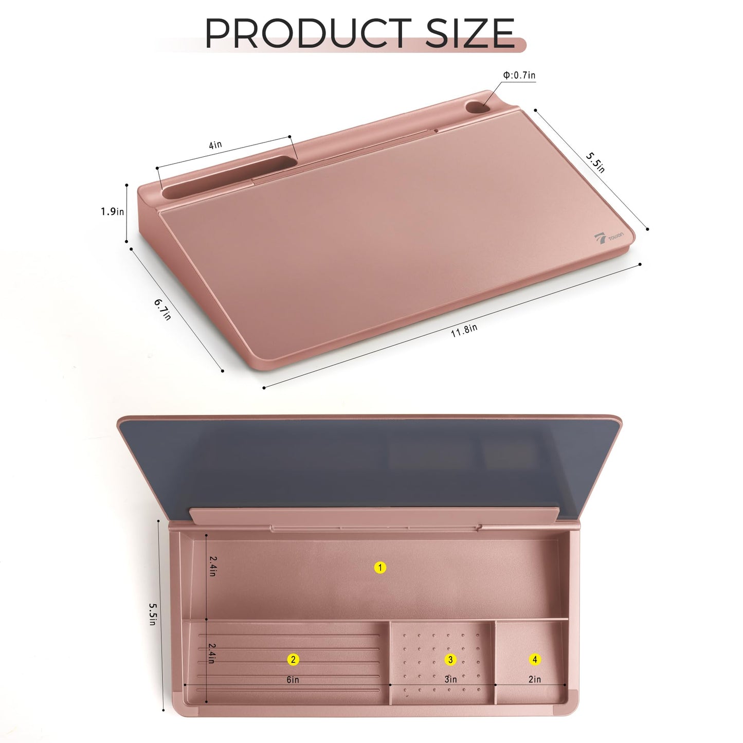 TOWON Small Compact Glass Desktop Whiteboard with Storage – 12 x 7 in Dry Erase Board for Desk, Home Office, School | Includes 5 Markers, Eraser & Holder | Space-Saving Organizer, Aesthetic Rose Gold