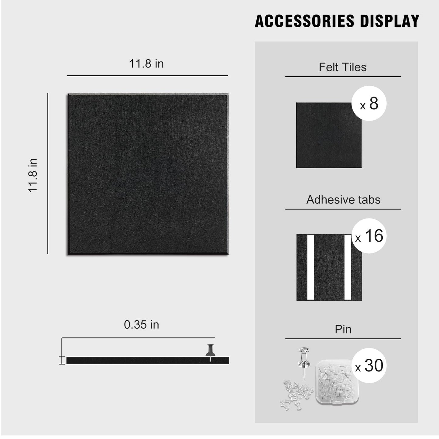 TSJOFFICE Large Cork Board for Wall - 48" x 24" Bulletin Board with 30 Pushpins for Office Decor, Pin Board 8 Pack Felt Tiles with Safe Removable Adhesive Tabs, Corkboard for Home - Black & White