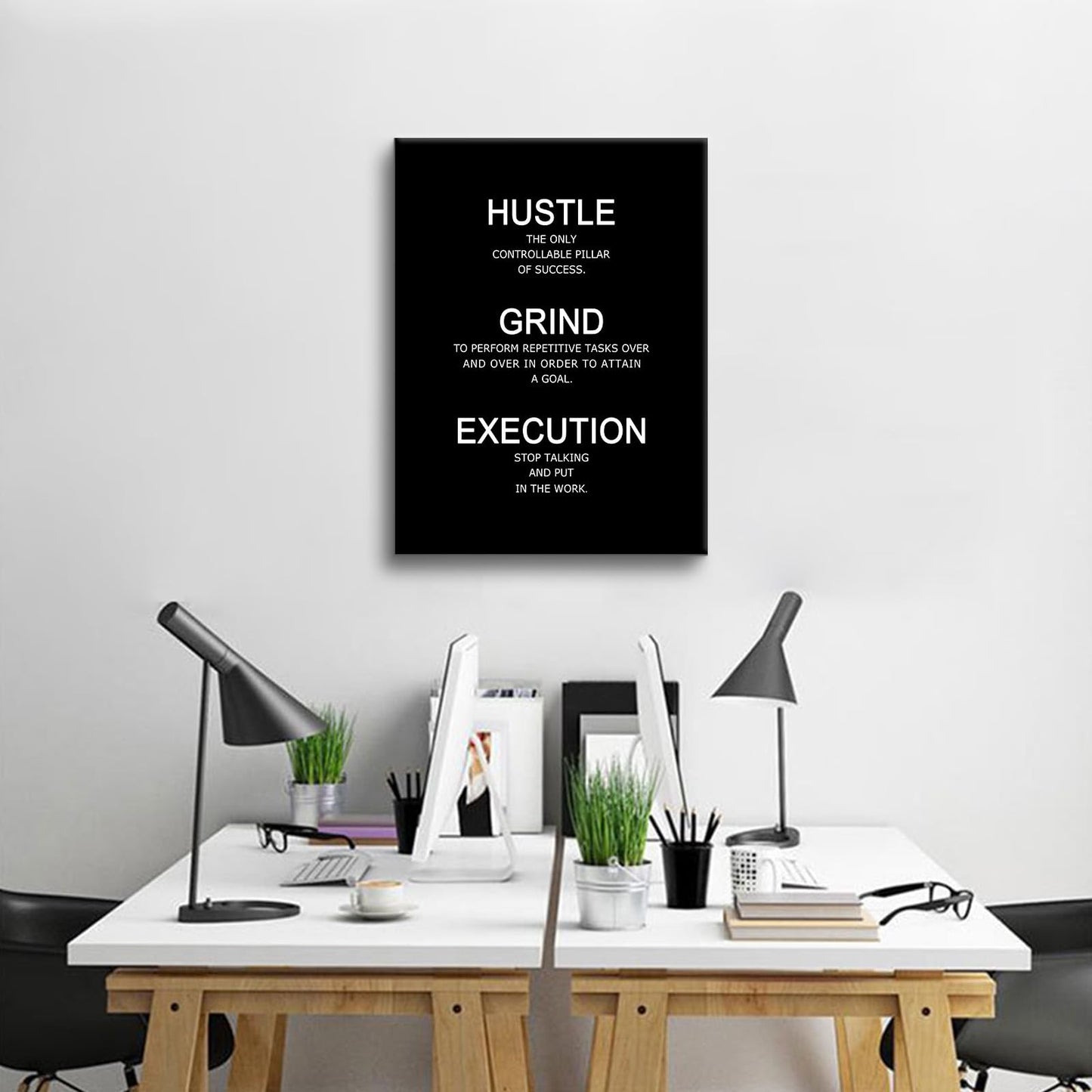 Motivational Poster Wall Art Inspirational Quotes Hustle Grind Execution Picture Print Positive Saying Painting Artwork for Modern Home Bedroom Office Workplace Stretched and Framed [18''W x 24''H]