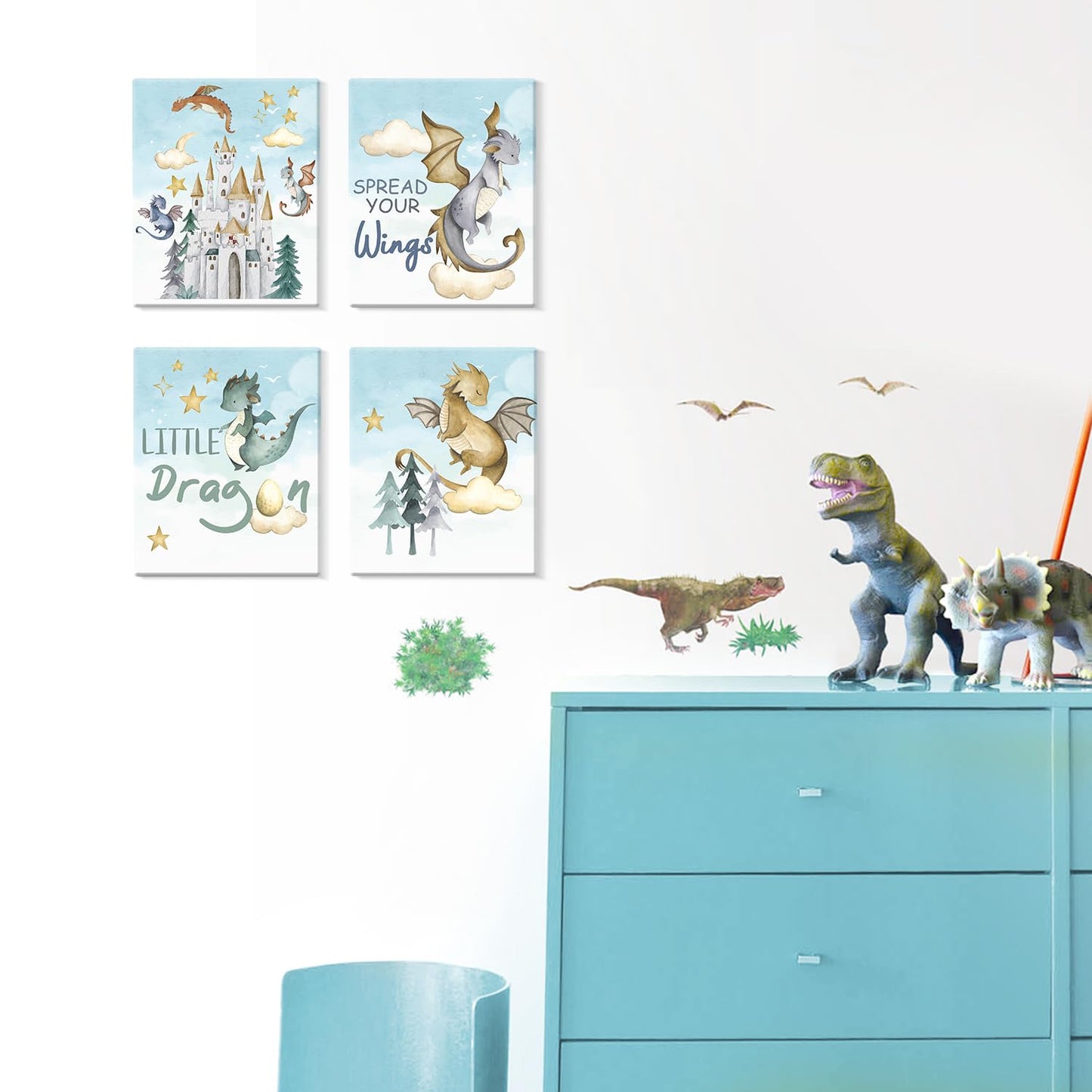 CHDITB Dinosaur Canvas Wall Art Nursery Wall Decor, Set of 6(8x10 inch) Cute Dream Dinosaur Cub Framed Art Prints, Baby Dinosaurs Cartoon Castle Animals Poster For Children's Boy Kids Room Bedroom