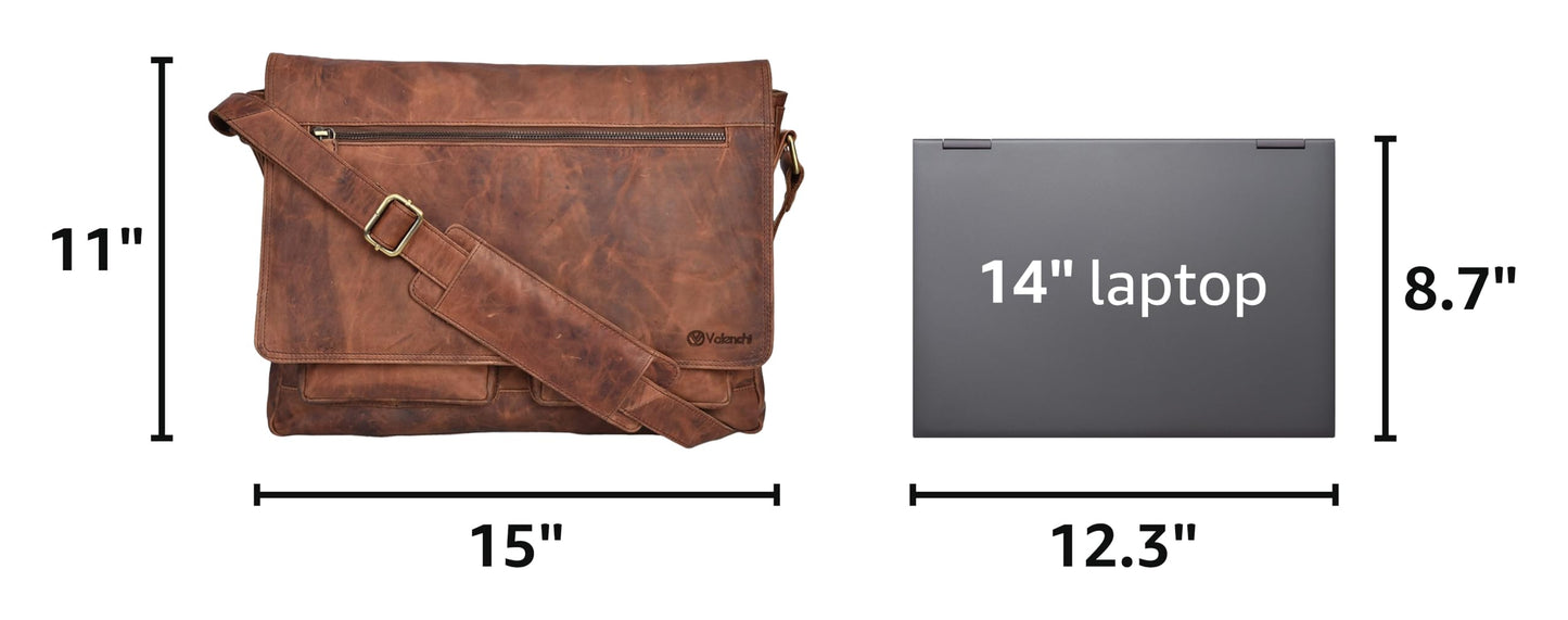 VALENCHI 15" Full Grain Leather Laptop Messenger Bag For Men & Women - Padded 15.3" Laptop Compartment, Ample Storage & Pockets, Premium Natural Leather (Cognac Vintage)