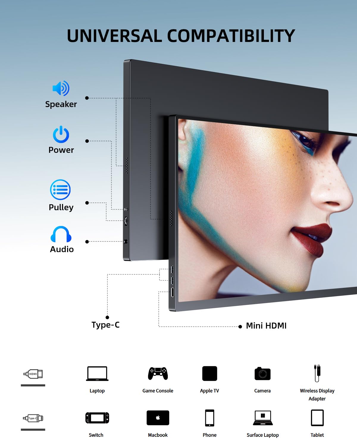 UPERFECT Portable Monitor 18.5" 120HZ 125% sRGB Portable Laptop Monitor w/VESA & Stand, FreeSync HDR Gaming Monitor, 350Nits USB-C & MINI HDMI Travel Second Screen for Laptop, PC, Game Consoles