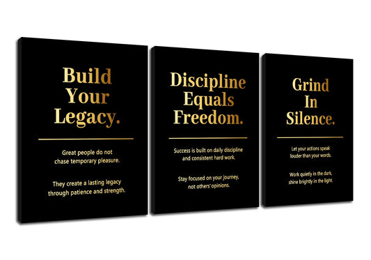 PSYYSP 3 Piece Canvas Wall Art Discipline Equals Freedom Posters, Black Gold Motivational Triptych Wall Decor for Office, Bedroom, Dorm, Study Room, Framed Canvas 36x16inch