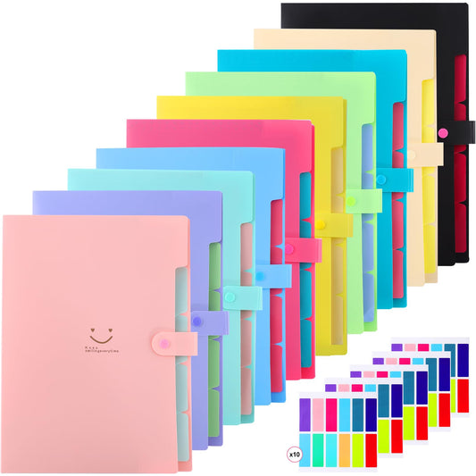 Tivcck 10 Pack Expanding File Folders,A4 Letter Size Accordion Document Organizer,Expandable File Folder with Snap Closure,Accordion Folder with 5 Pockets,120 Labels for School Office,12 Colors