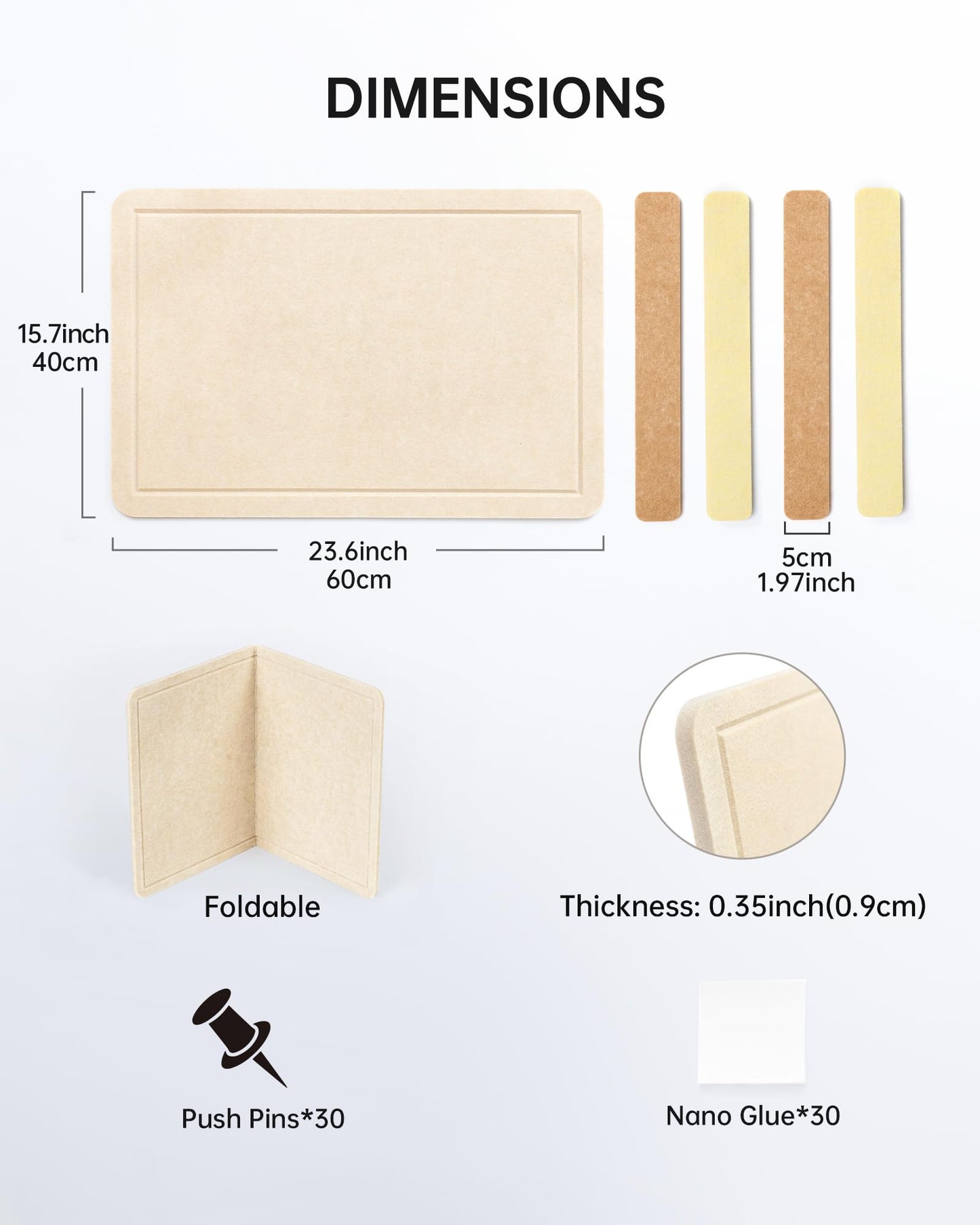 Small Felt Bulletin Board and 4 pcs Bar Strips Set, 24"X16" Cork Board Alternative with Removable Adhesive Tabs, 30 Push Pins for Office, Classroom, Bedroom, Walls Decorations - Yellow