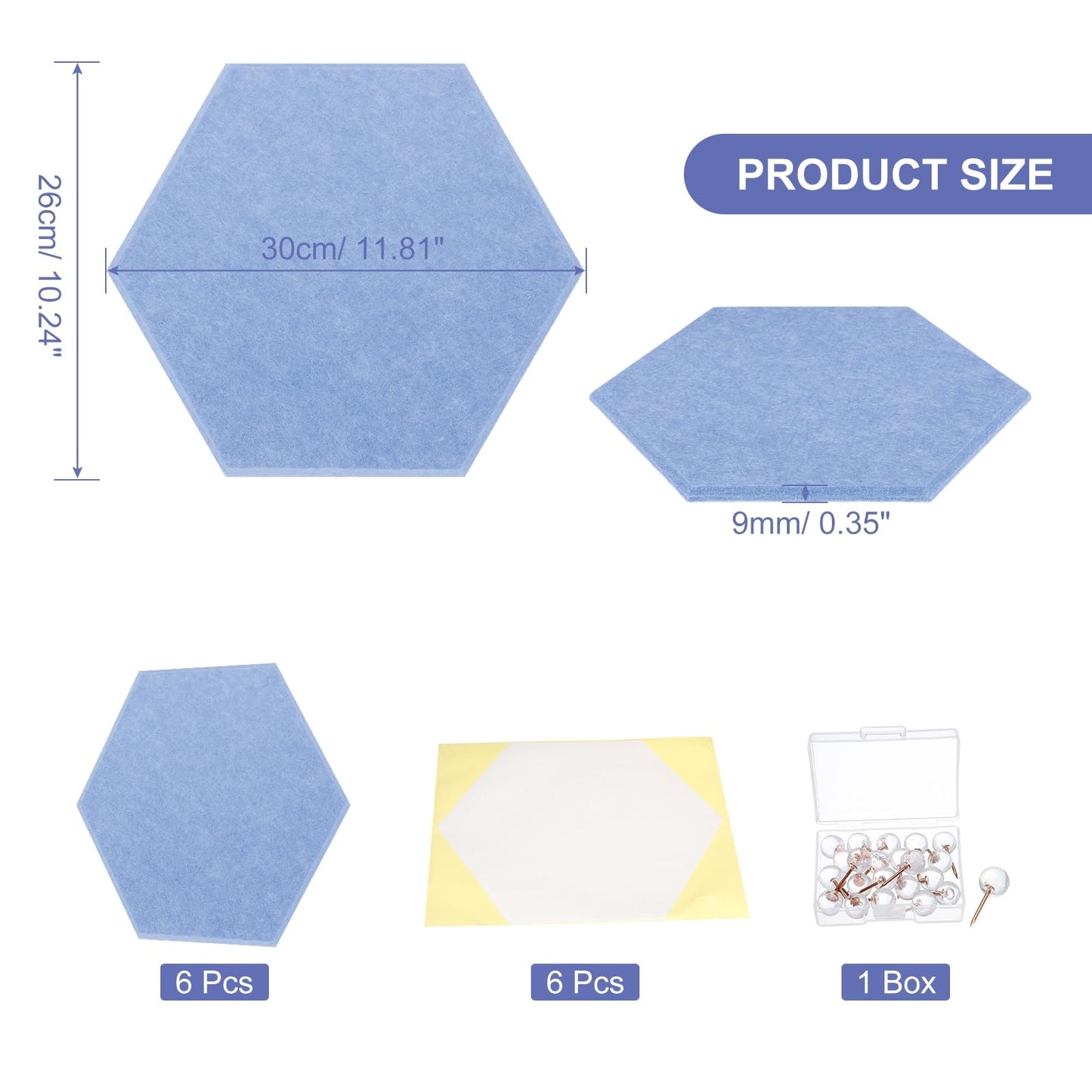 PATIKIL Felt Bulletin Board, 12"x10", 6 Packs Self Adhesive Hexagon Felt Tiles for Sound Proofing Wall Panels for Home Office Recording Studio,Game Room, Light Navy Blue