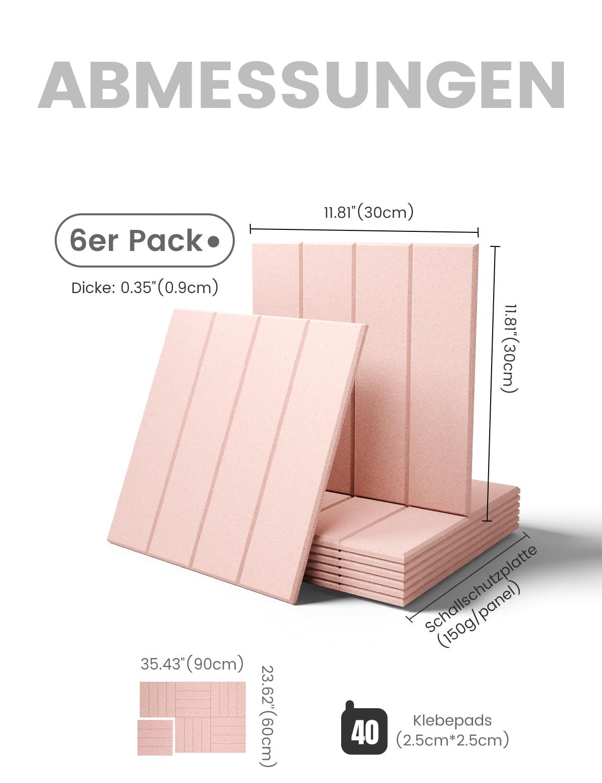 Bumusty Large Cork Board Alternative-36 x 24" Felt Bulletin Board Tiles, with 30 Pushpins, 40 Adhesive Tabs, Bold-Stripe 6-Pack, Cork Boards for Office Push Pin Board Felt Board-Pink