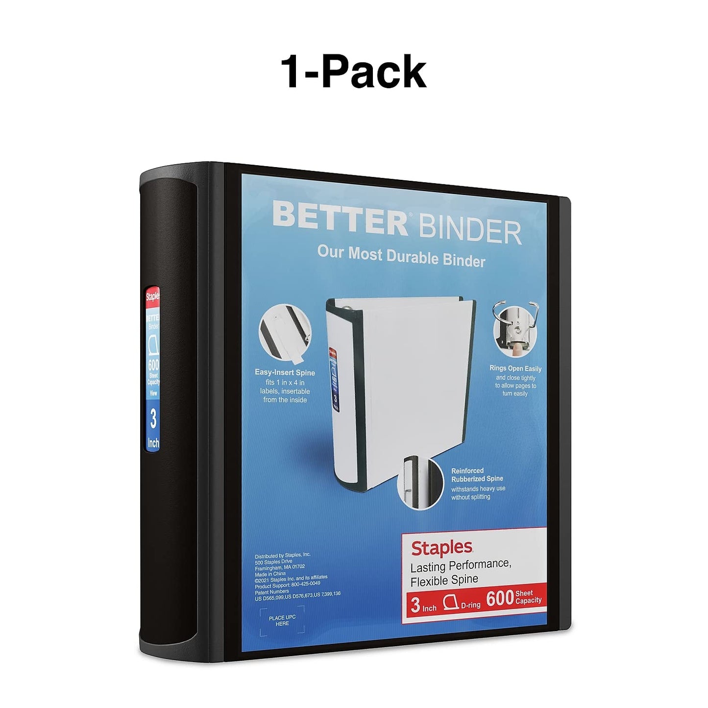 Staples Better 3-Inch D-Ring Binder, Black – Heavy-Duty 3-Ring Binder for School & Office Storage