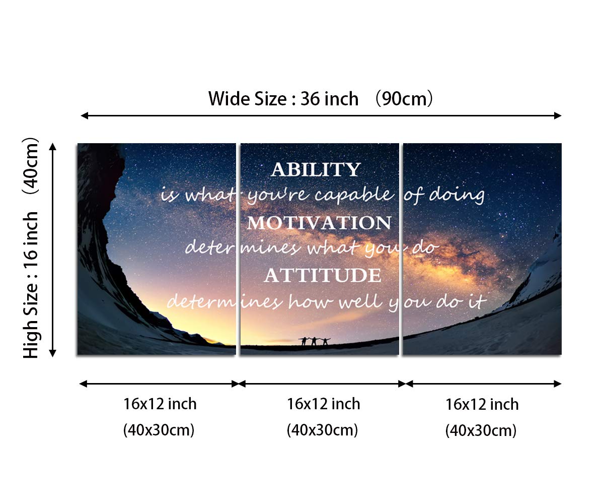 Motivational Quotes Canvas Wall Art Inspirational Ability Motivation Attitude Saying Words Posters Prints Entrepreneur Quote Home Office Bedroom Decor 3 Panels Ready to Hang - 36" W x 16" H