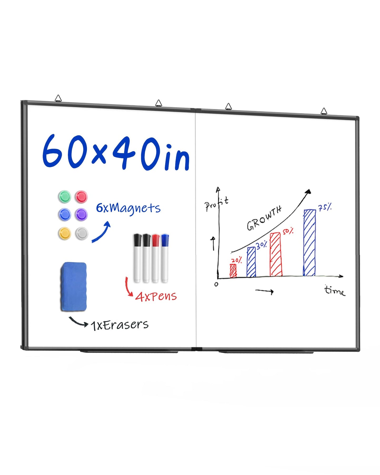 60"X 40" Large Magnetic Dry Erase Whiteboard, Wall Hanging Board with 8 Pens & 4 Dry Erasers & 30 Magnets, Sliver Aluminum Frame Black