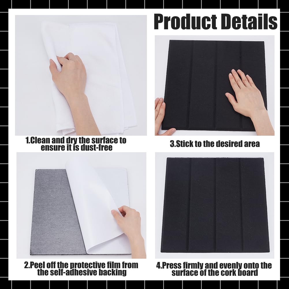 UNICRAFTALE 12 Pcs Black Felt Bulletin Board 12x12 Inch Self-Adhesive Felt Tiles Pin Board Squares for Home Office Classroom Display