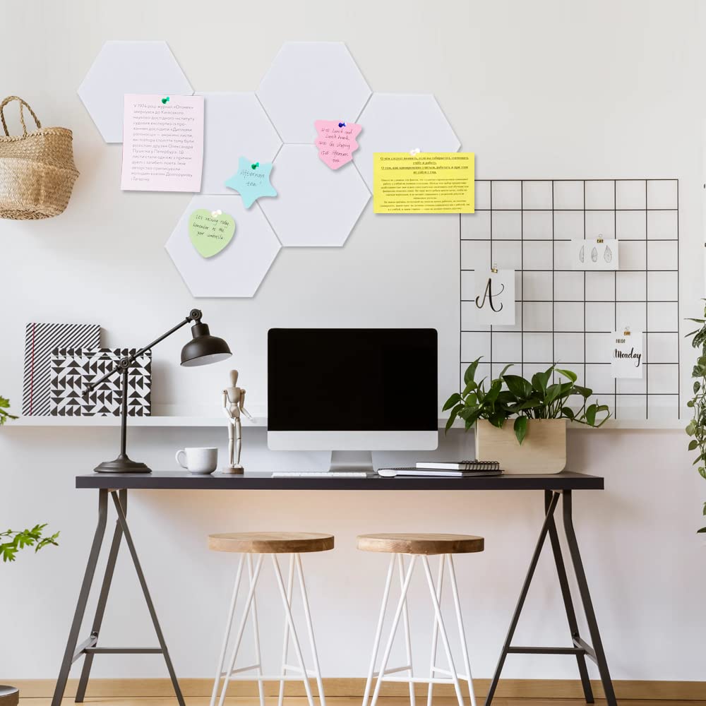 Vuzvuv 6 Pcs Hexagon Bulletin Board with 50 Pushpins & Sticky Note Adhesive Cork Board for Wall，Felt Pin Board for School，Office Decor（White）