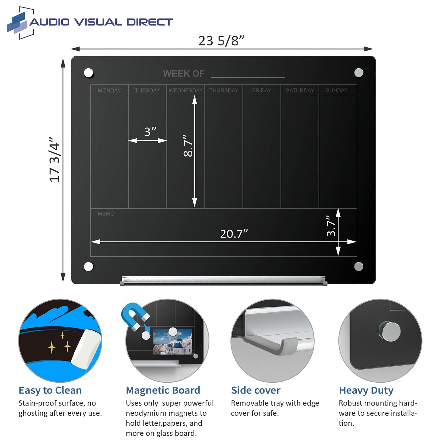 Audio-Visual Direct Magnetic Black 7 Day Calendar Glass Dry-Erase Board Set - 2' x 1.5' - for Wall - Weekly Planner
