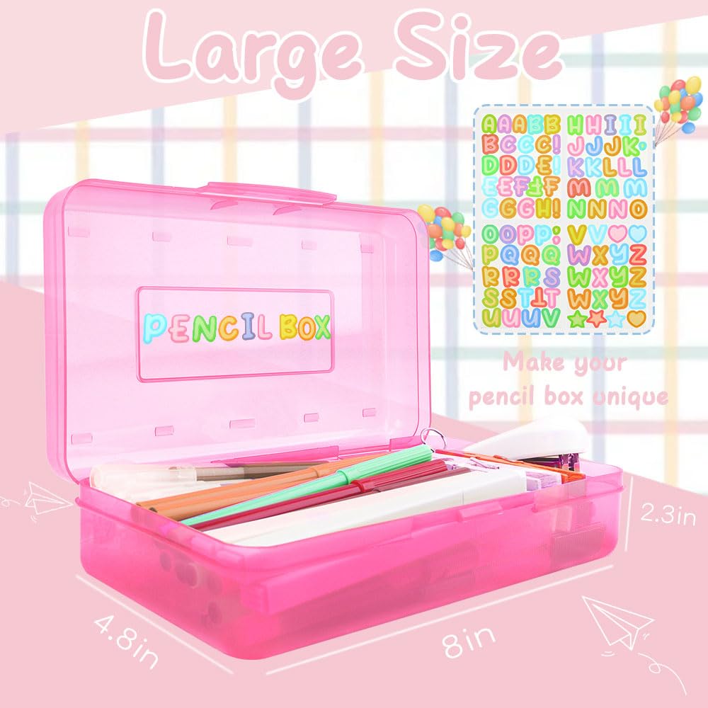 Blue Large Plastic Pencil Box 3 Pack with Aesthetic Design and Hard Case, Comes with Stickers in Pink and Clear Colors