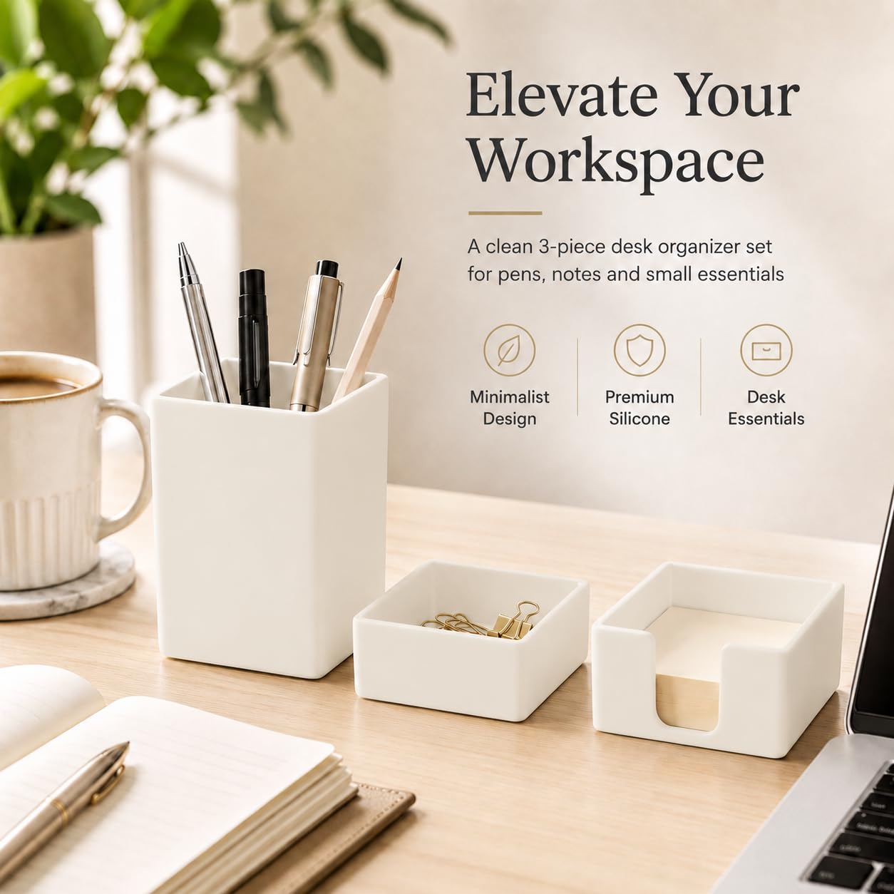 minimaliving Aesthetic Silicone Desk Organizer Set of 3,Modern Office Desk Accessories with Pen Holder,Paperclip Tray,Sticky Note Holder,Stylish Functional Office Desk Decor for Back-to-school(Beige)