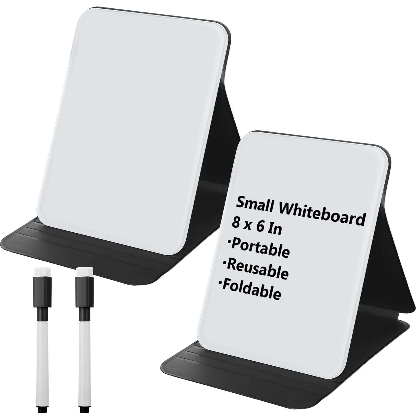 Dunzoom 2 Sets 4 Pcs Small Glass Desktop Whiteboard with Reversable Stand 8x6 Inch Mini Dry Erase White Board Easel with 2 Markers Reusable Desk Notepad for Home Office School Supplies (Black)