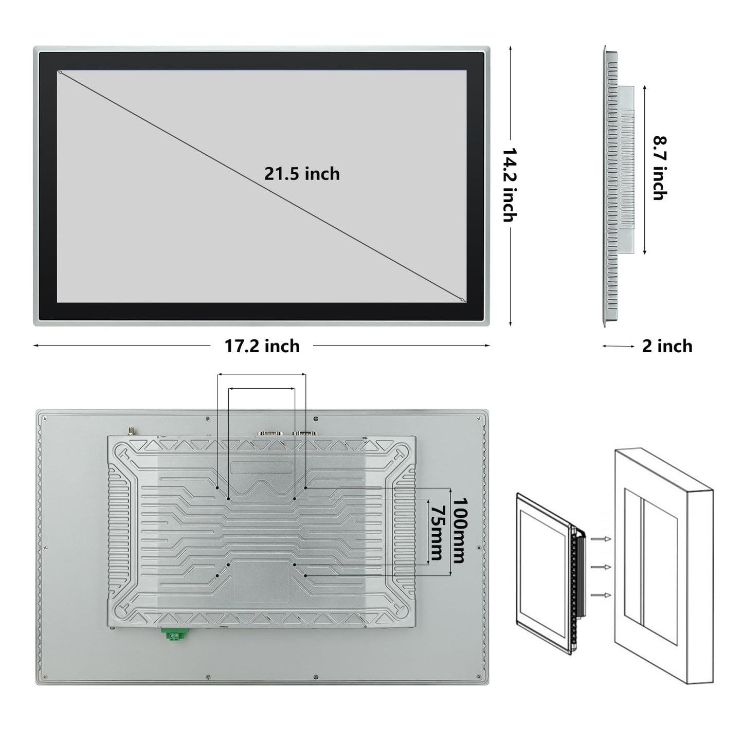 TouchWo 21.5 inch Industrial Embedded Touchscreen Monitor, Capacitive Multi-Touch Screen Industrial Front IP65 Monitor Built-in Speakers, HD-MI in, USB, VGA, 16:9 1920x1080 Display