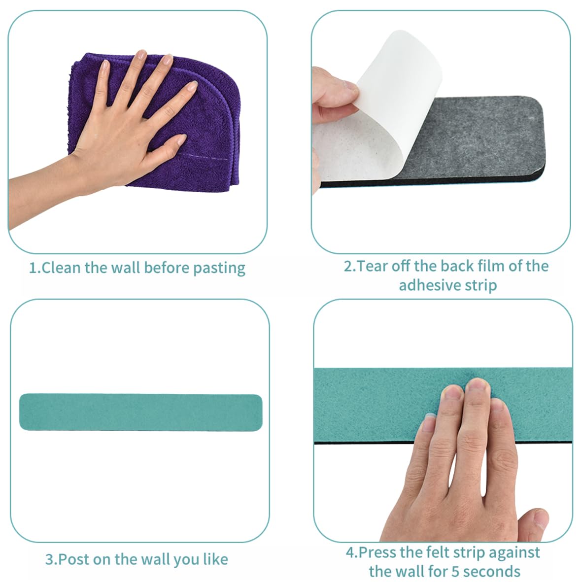 Vuzvuv 8 pcs Bulletin Board Bar Strips with 50 Pushpins & 10 Wooden Clip pins，Self Adhesive Cork Board for Wall，Felt Pin Board for School，Office Decor(Sea Blue)