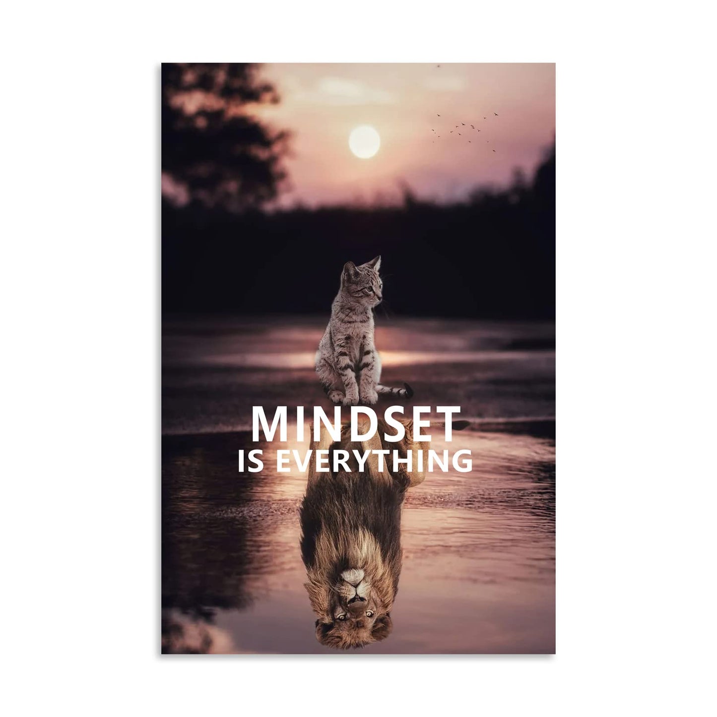 Inspirational Entrepreneur Canvas Print Wall Art Mindset is Everything Cute Kitten and Lion Inspirational Poster Print Artwork Bedroom Office Home Decoration Frame Ready to Hang[12''W X 18''H]