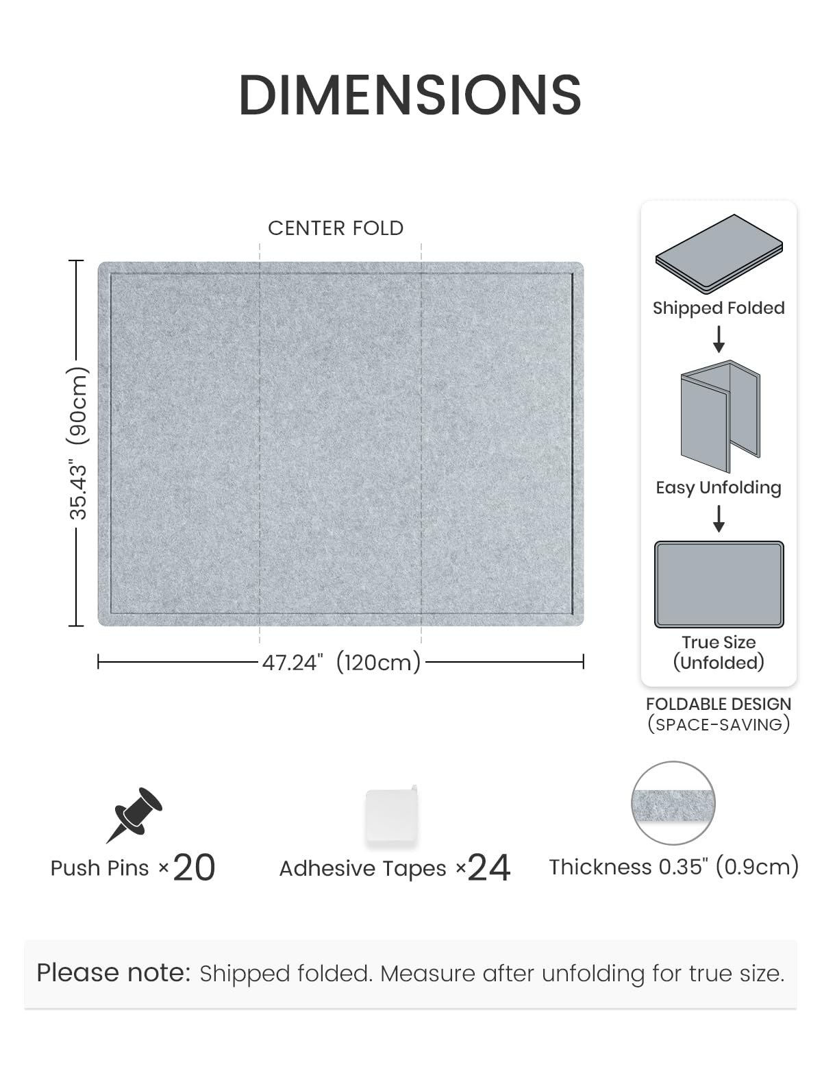 Fluxynara Large Bulletin Board, 47.2" x 35.4" Cork Board Alternative with 24 Safe Removable Adhesive Tabs, Foldable Felt Pin Board for Home Office, Classroom, Bedroom,Entryway for Walls—Blue Gray