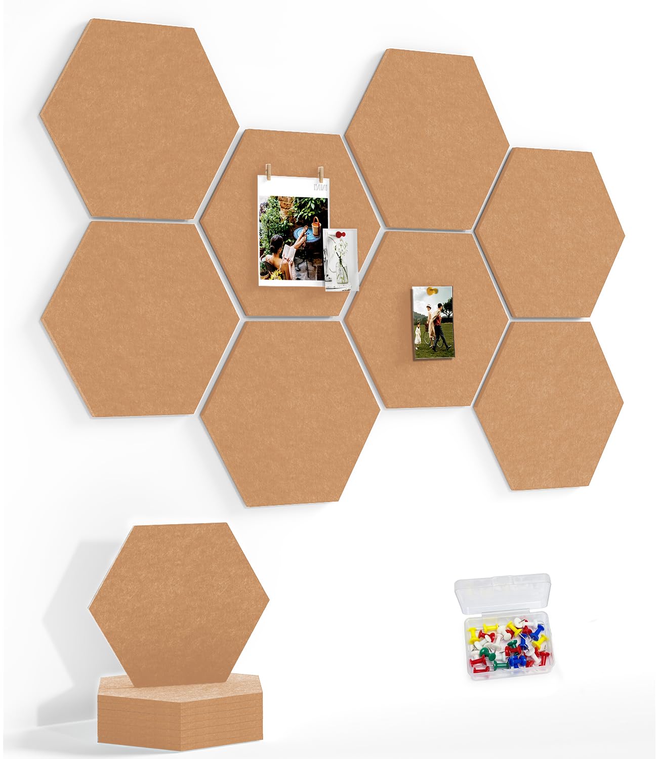 Uoisaiko 12" Large Bulletin Board with 30 Push Pins, Pack of 8 Hexagon Felt Pin Board Notice Boards for Home Office, Felt Wall Tiles for Photos Memos (Brown)