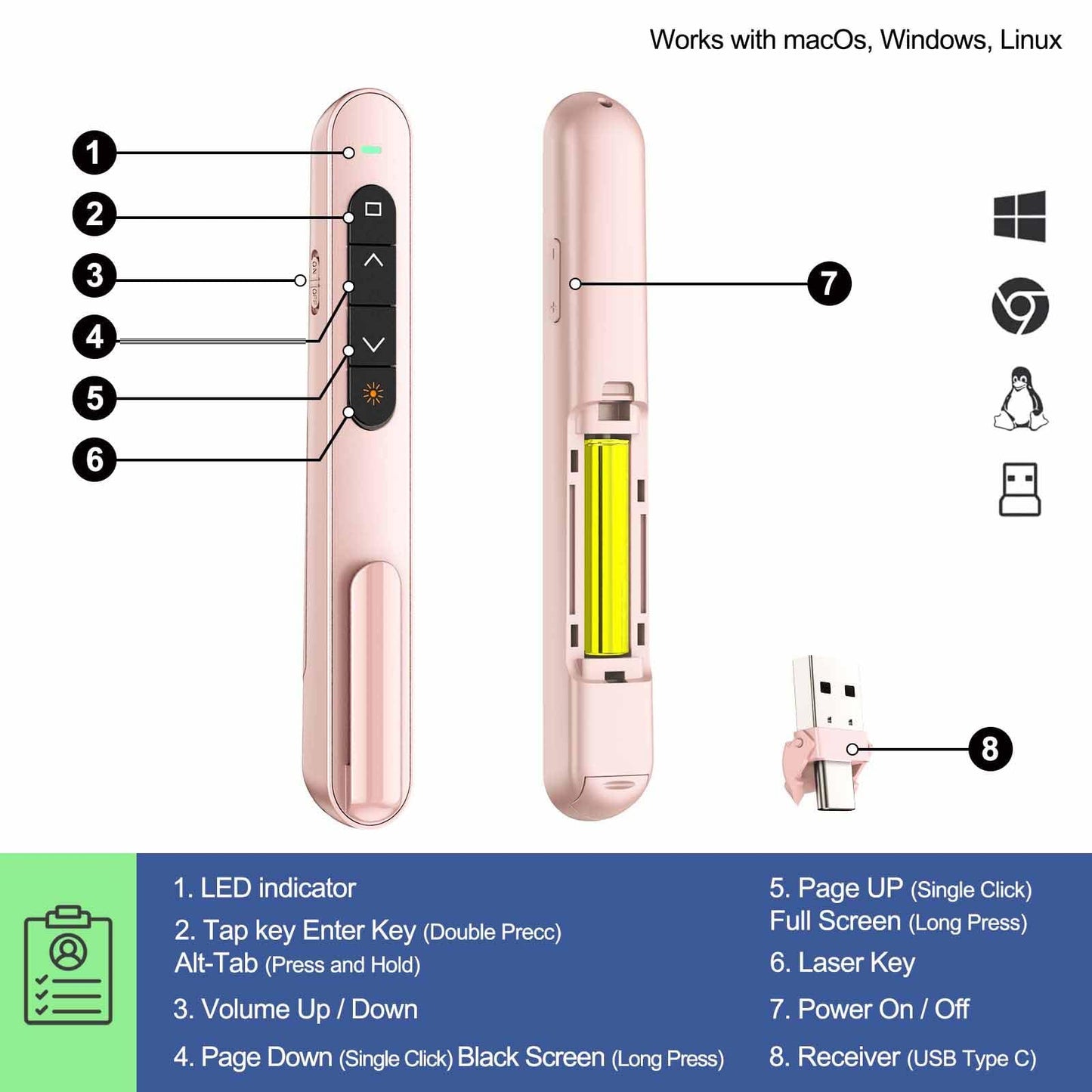 QUI Presenter Clicker USB A&C Bundle | Pen-Shaped Pink & Remote-Shaped Purple